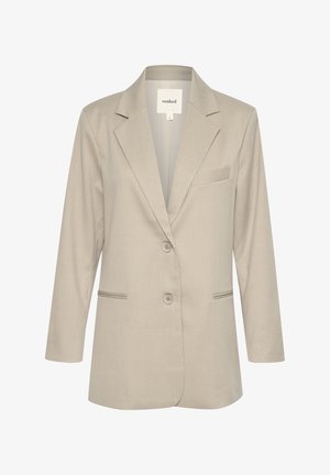Helle beige Blazer mit Reverskragen, einreihigem Knopfverschluss, zwei Vordertaschen und einer subtilen Textur. Enthält ein Detail mit einer linken Brusttasche.