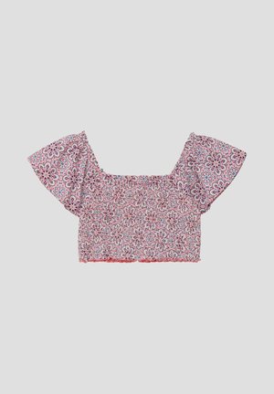 Cropped pink floral patterned blouse with short puffed sleeves and square neckline on a plain background.