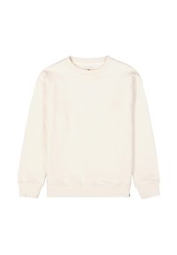 Crèmekleurige sweatshirt van zachte stof, met een ronde hals, lange mouwen en ribgebreide manchetten en zoom. Minimalistisch ontwerp zonder patronen.