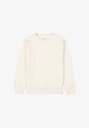 Cremfarbener Pullover aus weichem Stoff, mit Rundhalsausschnitt, langen Ärmeln und gerippten Bündchen und Saum. Minimalistisches Design ohne Muster.
