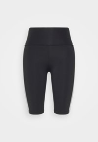 Shorts de sport noirs à taille haute, fabriqués dans un matériau extensible, dot és de rayures latérales blanches et d'une texture lisse.