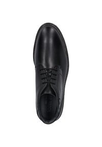 Zapato de vestir de cuero negro con punta redonda, diseño de cordones, textura superior lisa y detalles de costura en la suela.