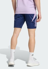 Pantalones cortos deportivos de color navy con rayas rosas, hechos de un tejido ligero. Combinados con zapatillas blancas y calcetines a rayas. Costuras laterales visibles.