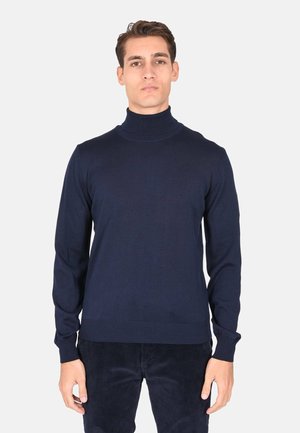 Maglione a collo alto blu navy realizzato in tessuto a maglia liscia. Maniche lunghe aderenti e colletto e orlo a costine. Design semplice, senza motivi o accenti.