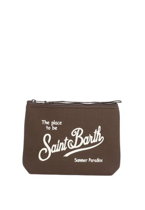 Bustina marrone con zip e testo bianco "The place to be Saint Barth Summer Paradise" sulla parte anteriore.
