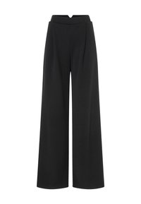 Zwarte wijde broek met hoge taille en plooidetails, gemaakt van een gladde stof met een matte afwerking.