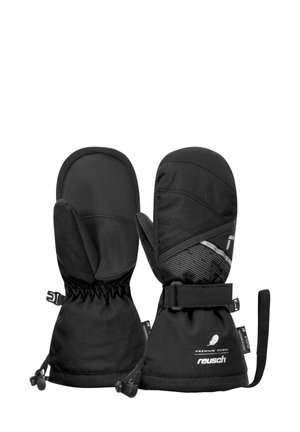 Schwarze wasserdichte Handschuhe mit strukturiertem Griff, elastischen Bündchen und verstellbaren Riemen, die ein elegantes Design und Logo-Akzente aufweisen.