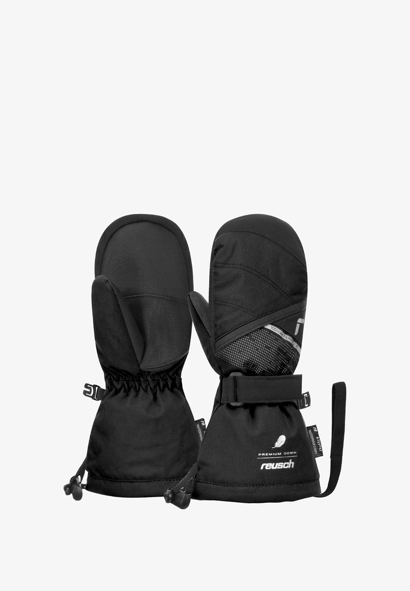 Schwarze wasserdichte Handschuhe mit strukturiertem Griff, elastischen Bündchen und verstellbaren Riemen, die ein elegantes Design und Logo-Akzente aufweisen.