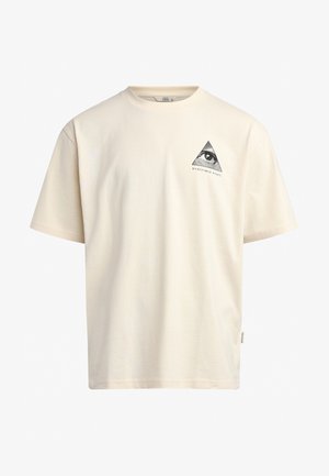 Kremfarget bomull T-skjorte med rund hals, korte ermer og et trykt trekantdesign med et øye og tekst på brystet.
