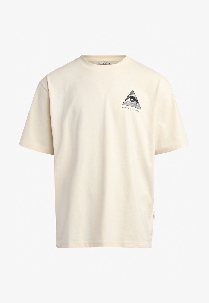 T-shirt in cotone color crema con scollatura rotonda, maniche corte e un design a triangolo stampato che presenta un occhio e del testo sul petto.