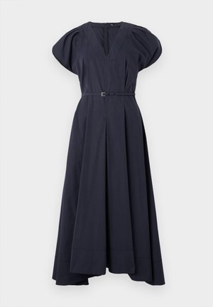 Navy blue dress with a V-neckline, puffed short sleeves, a belted waist, and pleated skirt. Made from a smooth fabric, it has a flowy silhouette.
