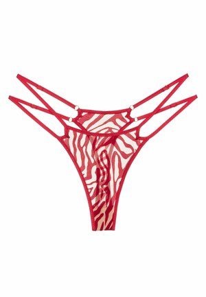 Punainen läpikuultava alusvaatesetti, jossa on seeprahiviiruinen kuvio, kaksoisristityt hihnat ja hopeanväriset yksityiskohdat vyötäröllä.