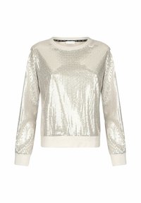 Felpa argentata con paillettes, maniche lunghe, scollatura tonda e superficie texturizzata. Presenta polsini e orlo a coste per una vestibilità perfetta.
