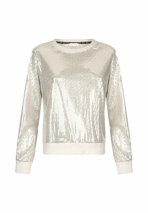 Felpa argentata con paillettes, maniche lunghe, scollatura tonda e superficie texturizzata. Presenta polsini e orlo a coste per una vestibilità perfetta.