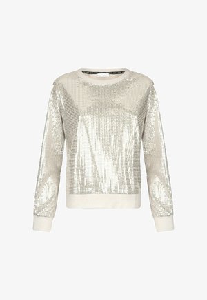 Sweatshirt argent à paillettes avec des manches longues, un col rond et une surface texturée. Dispose de poignets et d'un ourlet côtelés pour un ajustement parfait.