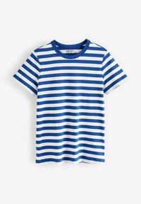 Blau-weiß gestreiftes T-Shirt mit kurzen Ärmeln, rundem Halsausschnitt, aus Baumwolle, mit gleichbreiten Streifen und glatter Textur.