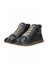 Sneakers alte in pelle blu con lacci beige, dettaglio con zip laterale e suola in gomma testurizzata. Cuciture a contrasto lungo i bordi.