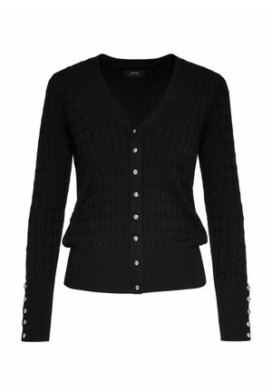 Czarny kardigan w splot warkoczowy z dekoltem w serek, z sześcioma dekoracyjnymi guzikami z przodu i guzikami na rękawach.