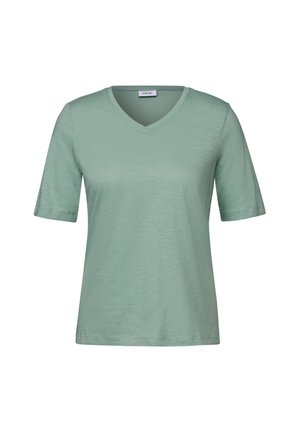 T-shirt verde chiaro a maniche corte con scollatura a V, realizzato in materiale morbido; presenta una vestibilità rilassata e una consistenza sottile.
