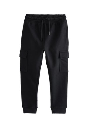 Pantalon jogger cargo noir avec taille élastique, cordon de serrage, poches latérales et chevilles resserrées.