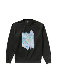 Sweat-shirt noir avec un motif pastel marbré à l'avant, col rond et poignets côtelés. Texture douce avec une coupe décontractée.