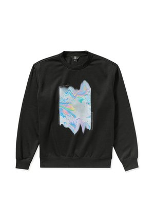Sweat-shirt noir avec un motif pastel marbré à l'avant, col rond et poignets côtelés. Texture douce avec une coupe décontractée.