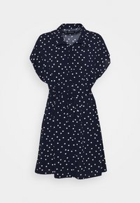 Abito camicia blu navy con pois bianchi, maniche corte, apertura frontale con bottoni e cintura regolabile per un look aderente.