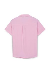 Camicetta a maniche corte di un leggero colore rosa, con colletto classico, dettaglio di piega sul retro e orlo curvo. Realizzata in tessuto morbido e liscio.