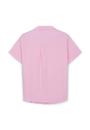 Camicia a maniche corte in tessuto rosa tenue, con collo a camicia e schiena plissettata per un dettaglio in più. Tessuto liscio e vestibilità comoda.
