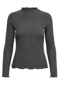 Tmavě šedý svetr s dlouhými rukávy a žebrovaným vzorem, s volány na výstřihu, manžetách a lemu, úzký silueta.