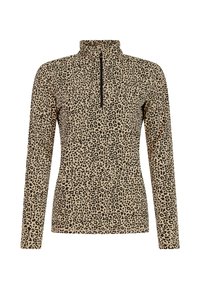 Camiseta de manga larga con estampado de leopardo en beige y negro, con cuello de embudo y media cremallera. Fabricada en una tela suave con un diseño ajustado.