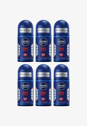 Six blue roll-on Nivea Men Dry Impact 72H anti-transpirant deodorants arranged in two rows of three on white background.