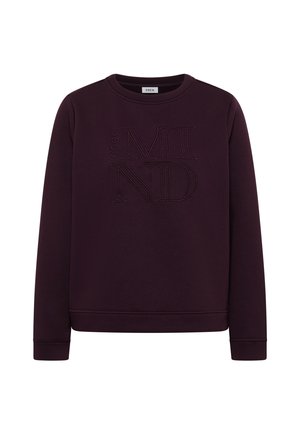 Mørk lilla sweatshirt med rund hals, prydet med præget tekst "open MIND." Teksten er i lysere lilla syning. Glat tekstur, ribbede manchetter.