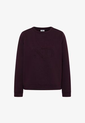 Sudadera de color púrpura oscuro con cuello redondo, que presenta texto en relieve "open MIND". El texto está bordado en púrpura más claro. Textura suave y puños acanalados.