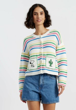 Striped, knitted cardigan in white, featuring blue, pink, and green hues. Two front pockets with Snoopy and cactus designs. Buttons at front.
