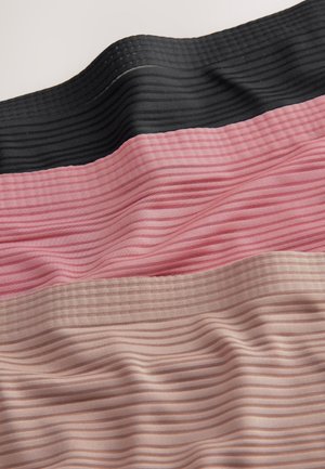 Textil cu patru dungi orizontale: negru, roz, roz deschis și bej. Materialul pare să fie nervurat, cu o textură moale și dungi de lățimi variate.