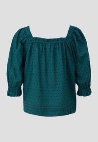Długa, niebieskozielona bluzka z długim rękawem, kwadratowym dekoltem i bufkami, z elastycznym dekoltem i mankietami oraz subtelną, kropkowaną fakturą.