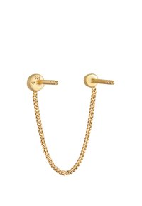 Pendientes de oro con un diseño de eslabón de cadena y un botón redondo. Marcados como "925", lo que indica plata de ley. Textura suave, brillo sutil.