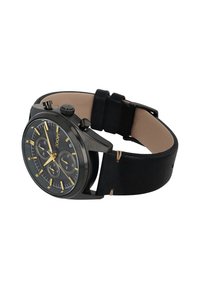 Zwarte chronograaf horloge met een gestructureerde leren band, gouden en zilveren accenten, ronde wijzerplaat met drie sub-dials en duidelijke markeringen.