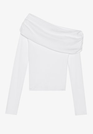 White off-the-shoulder top, featuring long sleeves and a draped neckline design. Made of smooth fabric with a fitted silhouette.