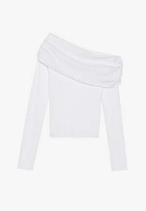 Balta off-the-shoulder palaidinė, su ilgomis rankovėmis ir nusileidžiančiu kaklo dizainu. Pagaminta iš lygios medžiagos, su prigludusia siluetu.