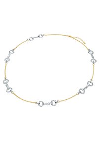 Gul- og sølvkæde med sammenflettede cirkulære detaljer, teksturerede led og en lås til justerbar længde.