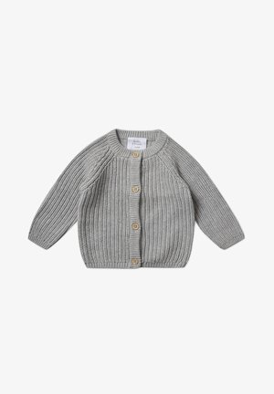 Gray knitted cardigan with long sleeves, round neckline, and five wooden buttons. Features textured ribbed pattern and a fitted shape.