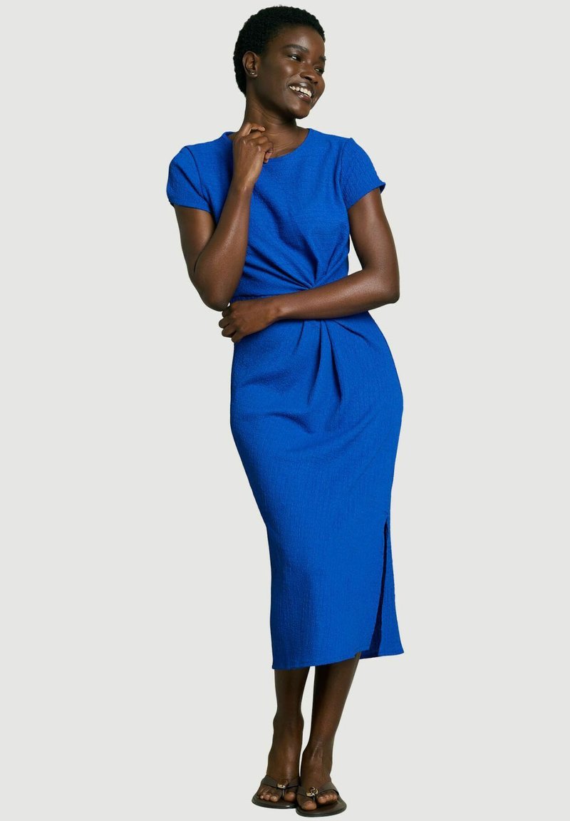 electric blue midi dress Electric Blue Gathered Metal Trim Short Sleeve Midi Dress