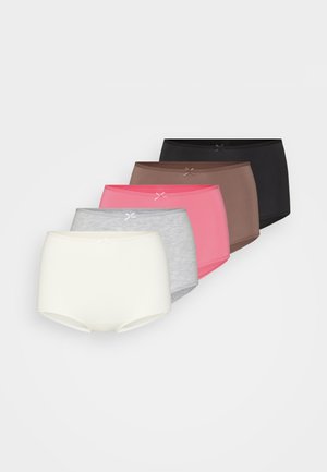 Set di cinque mutande a vita alta in vari colori: bianco, grigio chiaro, rosa, marrone e nero. Tessuto liscio con piccoli dettagli a forma di fiocco.
