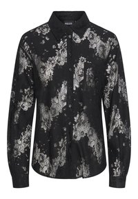 Black long-sleeve button-up shirt with floral lace pattern and a pointed collar, featuring a single chest pocket.