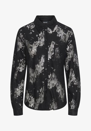 Must mustrik, millel on pikad varrukad, nööbid ja lilleline pitsmuster ning terav krae. Särgil on üks rinnatasku.