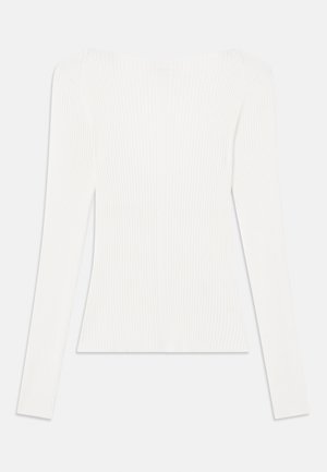 Ribbed white long-sleeve top with a square neckline, featuring a smooth texture and side seam detailing.