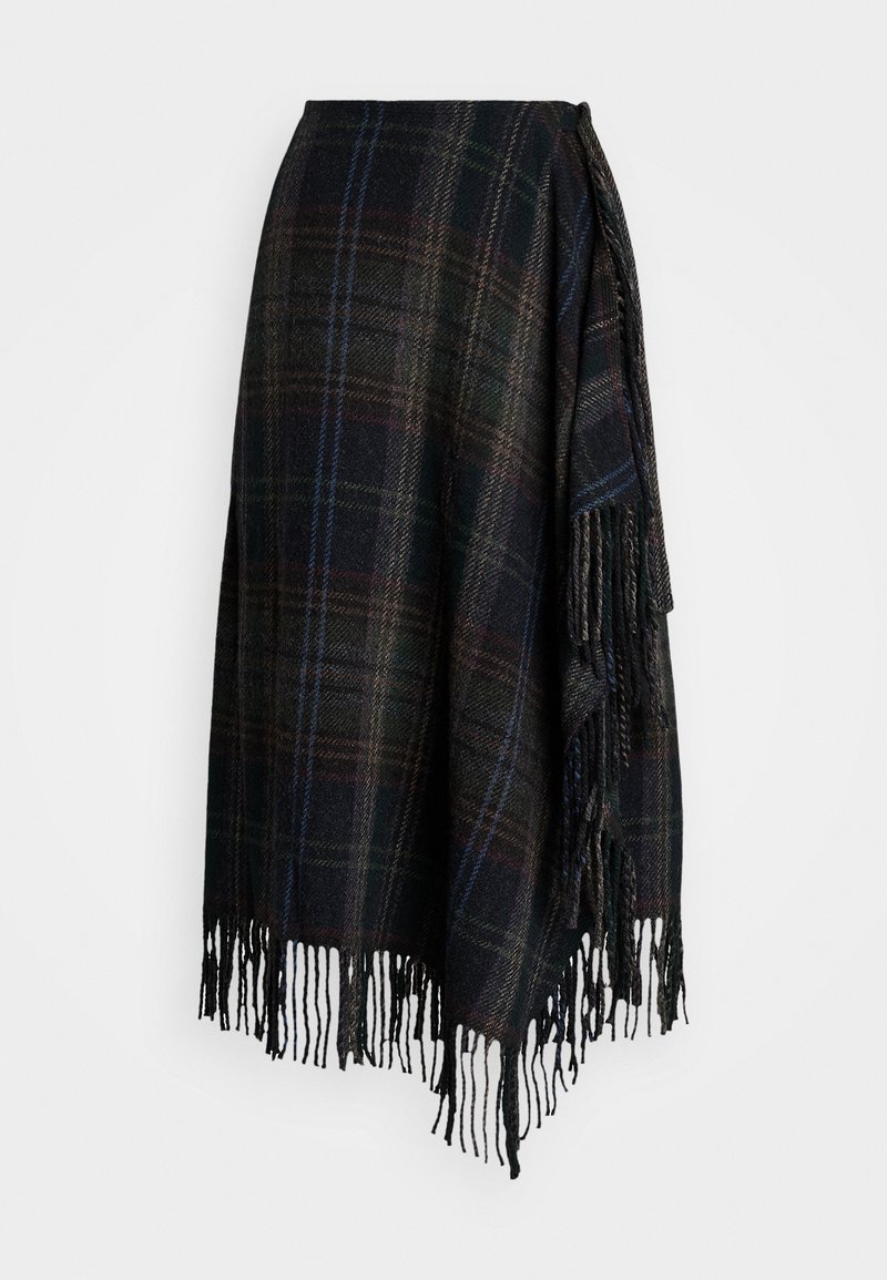 Villane mähkme seelik tumedast ruudulisest mustrist, millel on narmastega äär. Funktsioonid mustades, rohelistes ja sinistes toonides ning küljes on lipsuga kinnitamine.