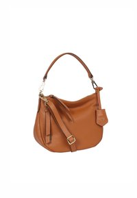 Braune Lederhandtasche mit strukturierter Oberfläche, geschwungener Form, kurzen Griff und abnehmbarem Gurt. Verfügt über einen Reißverschluss und ein kleines Etikett.